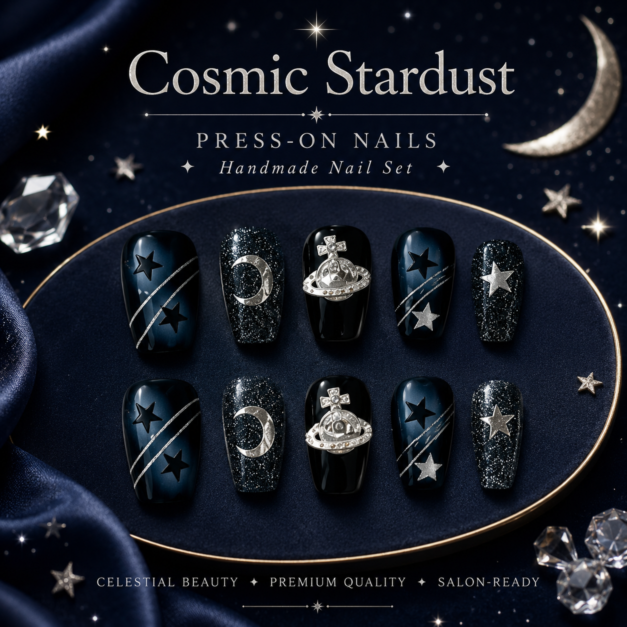 11081bec-3f67-44fb-9f93-02d73d50424d Cosmic Stardust Press On Nails, Navy Black Fake Nails, Handmade Celestial Nail Set, Moon Star Planet Nail Art, Glossy Short Nails - Image 1