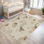 A soft, neutral-colored dinosaur area rug. A cute prehistoric animal pattern carpet, perfect for decorating nursery playrooms or toddler bedrooms. - Image 3
