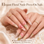 Elegant Floral Nude Press On Nails, Romantic 3D Flower Nail Set, Handmade Reusable Fake Nails, Blush Pink Gold Luxury Nails