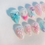 Pastel Ocean Fantasy Press On Nails, Mermaid Coquette Nail Set, Handmade Reusable Fake Nails, Blue Pink Pearl 3D Bow Nails - Image 2