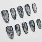 Silver Gothic Press On Nails, Chrome Gray Nail Set, Handmade Reusable Cross Nails, Elegant 3D Metallic Custom Fit Nails - Image 3