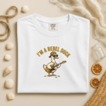 Cool Duck Guitar Player T-Shirt – Funny Rebel Duck Cartoon Graphic Tee, Vintage Music Lover Gift Shirt
