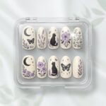 Black Cat Press On Nails – Purple Floral Butterfly Gothic Nail Set, Handmade Luxury Press Ons - Image 3