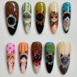 Cute Cat Portrait Press On Nails – Hand Painted Kitten Nail Art Set, Colorful Whimsical Acrylic Nails for Cat Lovers