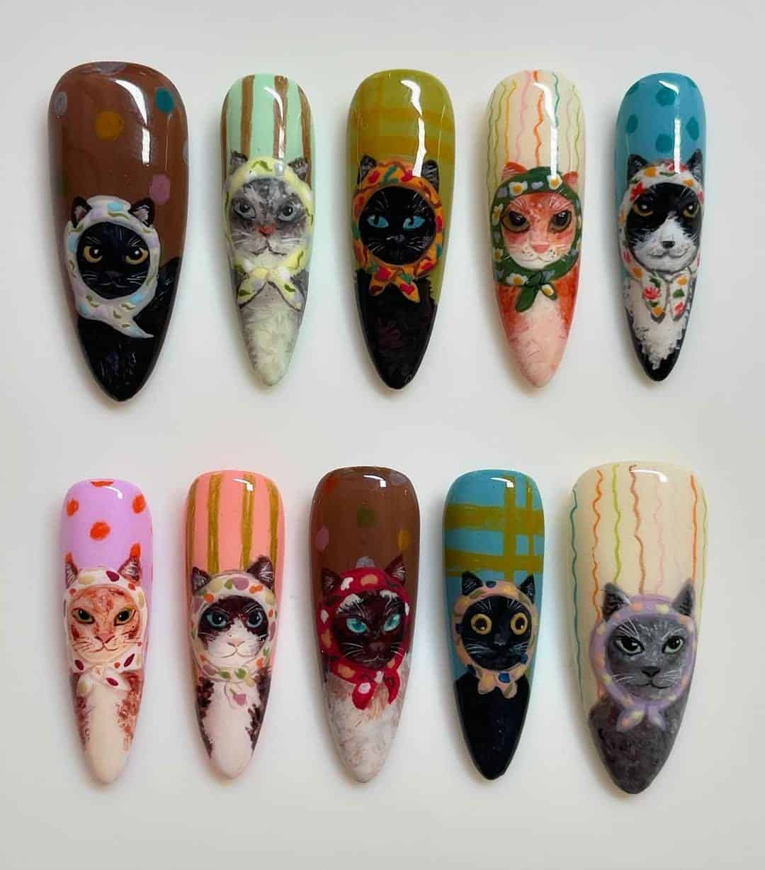 2 Cute Cat Portrait Press On Nails – Hand Painted Kitten Nail Art Set, Colorful Whimsical Acrylic Nails for Cat Lovers - Image 1