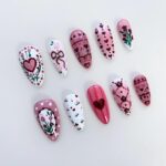Pink Floral Heart Press On Nails, Romantic Coquette Nail Set, Handmade Reusable Fake Nails, Valentine Heart Nails, Cute Bow Floral Nails - Image 3