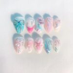 Pastel Ocean Fantasy Press On Nails, Mermaid Coquette Nail Set, Handmade Reusable Fake Nails, Blue Pink Pearl 3D Bow Nails - Image 5