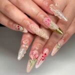 Elegant Floral Nude Press On Nails, Romantic 3D Flower Nail Set, Handmade Reusable Fake Nails, Blush Pink Gold Luxury Nails - Image 2