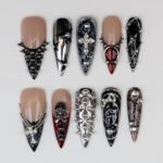 Gothic Cross Press On Nails, Black Silver Chrome Nail Set, Handmade Reusable Stiletto Nails, Punk Spiked Rhinestone Custom Fit Nails - Image 5