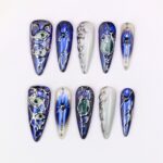 Blue Celestial Press On Nails, Iridescent Chrome Nail Set, Handmade Reusable Galaxy Nails, Silver 3D Gem Custom Fit Nails - Image 5