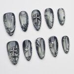 Silver Gothic Press On Nails, Chrome Gray Nail Set, Handmade Reusable Cross Nails, Elegant 3D Metallic Custom Fit Nails - Image 4