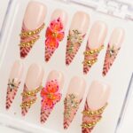 Blush Butterfly Press On Nails, Pink Gold Fake Nails, Handmade Luxury Nail Set, Floral Rhinestone Nails, Reusable Stiletto Nails - Image 5