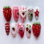 Strawberry Sweet Press On Nails, Pink Red Fake Nails, Handmade 3D Strawberry Nail Set, Kawaii Fruit Nail Art, Reusable Almond Nails - Image 4