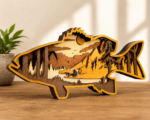 Layered Wooden Fish Wall Art, Rustic Bass Lake Scene Decor, Handmade Wood Mountain Landscape, Fisherman Gift, Cabin Nature Home Decor