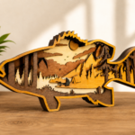 Layered Wooden Fish Wall Art, Rustic Bass Lake Scene Decor, Handmade Wood Mountain Landscape, Fisherman Gift, Cabin Nature Home Decor