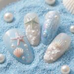 Coastal Pearl Press On Nails, Blue White Beach Fake Nails, Handmade Seashell Nail Set, Ocean Palm Tree Nail Art, Glossy Almond Nails - Image 8