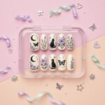 Black Cat Press On Nails – Purple Floral Butterfly Gothic Nail Set, Handmade Luxury Press Ons