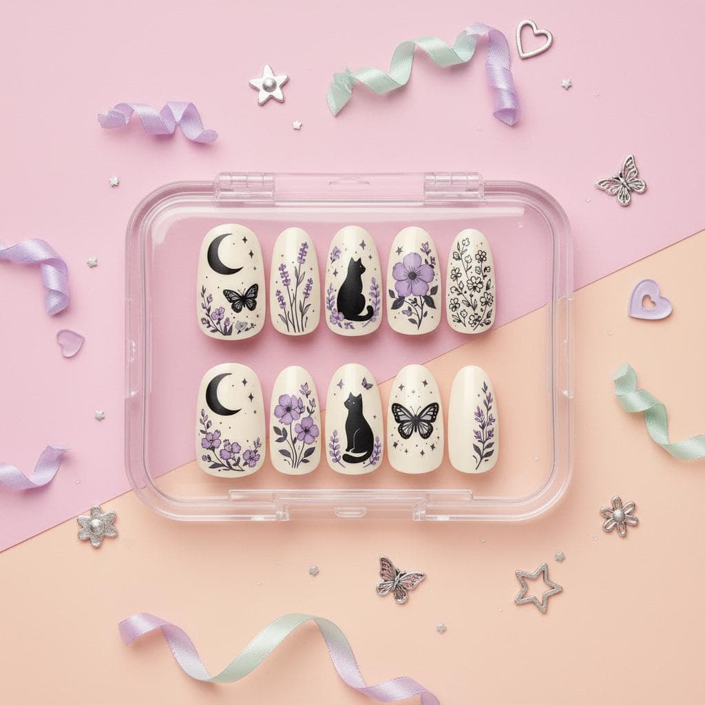 3 Black Cat Press On Nails – Purple Floral Butterfly Gothic Nail Set, Handmade Luxury Press Ons - Image 1