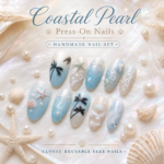 Coastal Pearl Press On Nails, Blue White Beach Fake Nails, Handmade Seashell Nail Set, Ocean Palm Tree Nail Art, Glossy Almond Nails