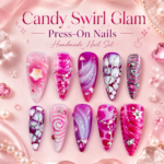 Candy Swirl Glam Press On Nails, Pink Purple Fake Nails, Handmade Glossy Nail Set, Rhinestone Star Nails, Kawaii Stiletto Nails