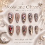 Moonstone Chrome Press On Nails, Nude Silver Fake Nails, Handmade Metallic Nail Set, Celestial Star Nail Art, Glossy Reusable Almond Nails
