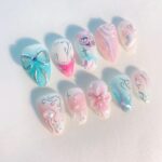 Pastel Ocean Fantasy Press On Nails, Mermaid Coquette Nail Set, Handmade Reusable Fake Nails, Blue Pink Pearl 3D Bow Nails - Image 4