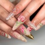Elegant Floral Nude Press On Nails, Romantic 3D Flower Nail Set, Handmade Reusable Fake Nails, Blush Pink Gold Luxury Nails - Image 6