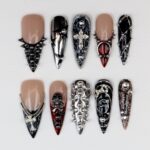 Gothic Cross Press On Nails, Black Silver Chrome Nail Set, Handmade Reusable Stiletto Nails, Punk Spiked Rhinestone Custom Fit Nails - Image 4