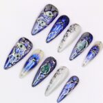 Blue Celestial Press On Nails, Iridescent Chrome Nail Set, Handmade Reusable Galaxy Nails, Silver 3D Gem Custom Fit Nails - Image 4