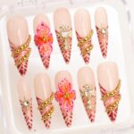 Blush Butterfly Press On Nails, Pink Gold Fake Nails, Handmade Luxury Nail Set, Floral Rhinestone Nails, Reusable Stiletto Nails - Image 4