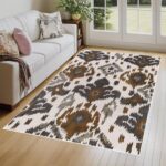 Brown and beige ikat area rug, bohemian tribal interior.