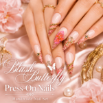 Blush Butterfly Press On Nails, Pink Gold Fake Nails, Handmade Luxury Nail Set, Floral Rhinestone Nails, Reusable Stiletto Nails