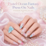 Pastel Ocean Fantasy Press On Nails, Mermaid Coquette Nail Set, Handmade Reusable Fake Nails, Blue Pink Pearl 3D Bow Nails