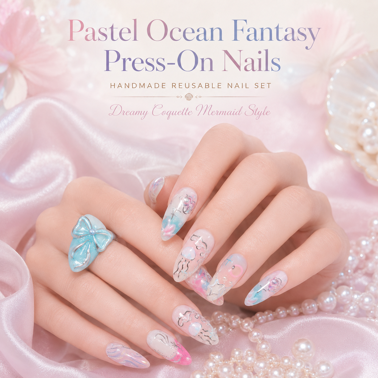 4cb8fd5a-3f95-47c6-96bb-d7b8e6fcb9c9 Pastel Ocean Fantasy Press On Nails, Mermaid Coquette Nail Set, Handmade Reusable Fake Nails, Blue Pink Pearl 3D Bow Nails - Image 1