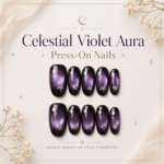 Purple Galaxy Star Press-On Nails, Celestial Violet Aura Fake Nails, Dark Cat Eye Cosmic Nail Set, Reusable Glossy Handmade Nails