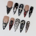 Gothic Cross Press On Nails, Black Silver Chrome Nail Set, Handmade Reusable Stiletto Nails, Punk Spiked Rhinestone Custom Fit Nails - Image 3