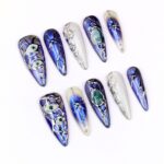 Blue Celestial Press On Nails, Iridescent Chrome Nail Set, Handmade Reusable Galaxy Nails, Silver 3D Gem Custom Fit Nails - Image 3