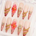 Blush Butterfly Press On Nails, Pink Gold Fake Nails, Handmade Luxury Nail Set, Floral Rhinestone Nails, Reusable Stiletto Nails - Image 3