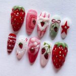 Strawberry Sweet Press On Nails, Pink Red Fake Nails, Handmade 3D Strawberry Nail Set, Kawaii Fruit Nail Art, Reusable Almond Nails - Image 6