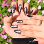 Midnight Silver Cat Eye Press-On Nails, Black Chrome Magnetic Fake Nails, Elegant Almond Nail Set, Reusable Handmade Nails - Image 7