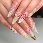 Elegant Floral Nude Press On Nails, Romantic 3D Flower Nail Set, Handmade Reusable Fake Nails, Blush Pink Gold Luxury Nails - Image 5