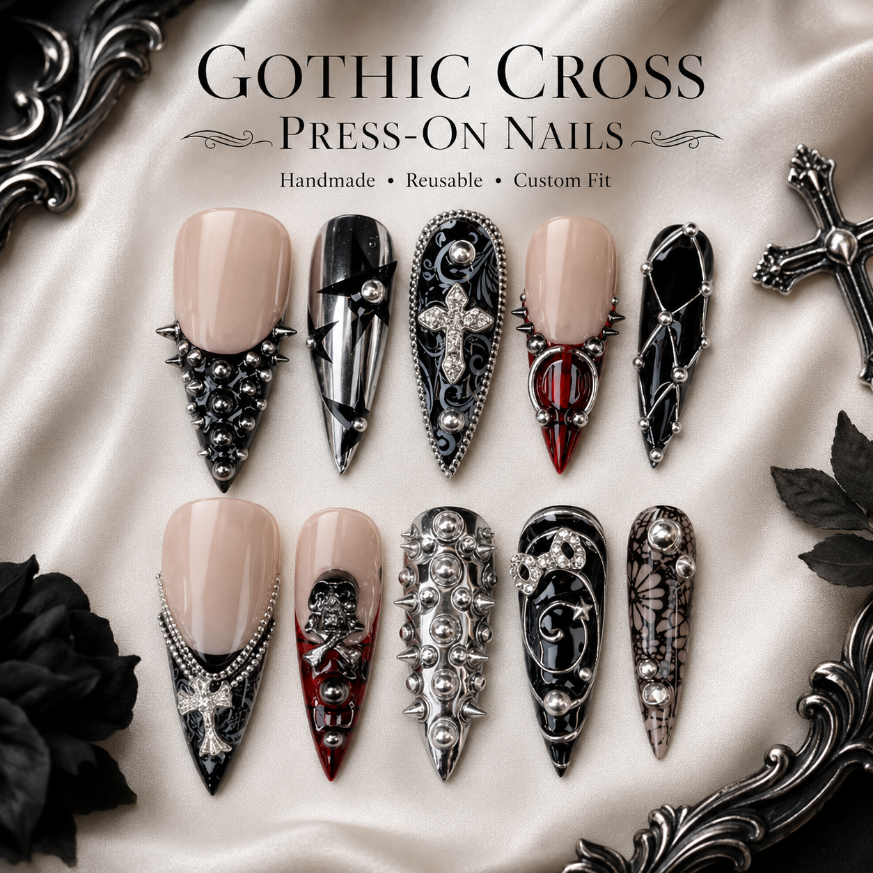 55e334b1-4faa-4452-9091-5686f715a1ec Gothic Cross Press On Nails, Black Silver Chrome Nail Set, Handmade Reusable Stiletto Nails, Punk Spiked Rhinestone Custom Fit Nails - Image 1