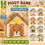 Personalized Piggy Bank Laser Cut Files, Kids Money Box SVG DXF PDF, Custom Wooden Savings Bank Digital Download