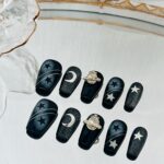 Cosmic Stardust Press On Nails, Navy Black Fake Nails, Handmade Celestial Nail Set, Moon Star Planet Nail Art, Glossy Short Nails - Image 6