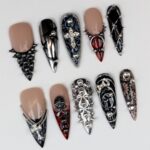 Gothic Cross Press On Nails, Black Silver Chrome Nail Set, Handmade Reusable Stiletto Nails, Punk Spiked Rhinestone Custom Fit Nails - Image 2