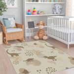 A soft, neutral-colored dinosaur area rug. A cute prehistoric animal pattern carpet, perfect for decorating nursery playrooms or toddler bedrooms. - Image 7