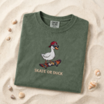 Embroidered Skate Or Duck Shirt Comfort Colors Tee – Funny Skateboarding Duck Graphic Shirt, Cool Skater Animal Meme Tee, Vintage Streetwear Duck Shirt, Unhinged Funny Gift for Skater Her Him