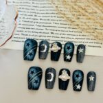 Cosmic Stardust Press On Nails, Navy Black Fake Nails, Handmade Celestial Nail Set, Moon Star Planet Nail Art, Glossy Short Nails - Image 5