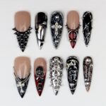 Gothic Cross Press On Nails, Black Silver Chrome Nail Set, Handmade Reusable Stiletto Nails, Punk Spiked Rhinestone Custom Fit Nails - Image 10