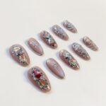 Moonstone Chrome Press On Nails, Nude Silver Fake Nails, Handmade Metallic Nail Set, Celestial Star Nail Art, Glossy Reusable Almond Nails - Image 7